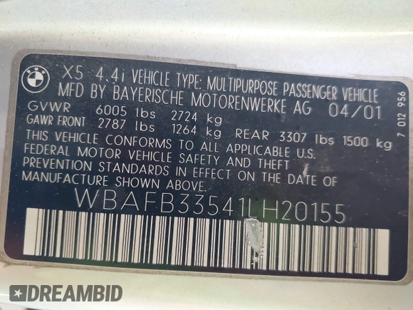 2001 BMW X5 4.4i with VIN WBAFB33541LH20155, listed as a IAAI auction lot 41078904 with 172,762 mi miles. Bid and sale history available at carsss.com. Image 9.