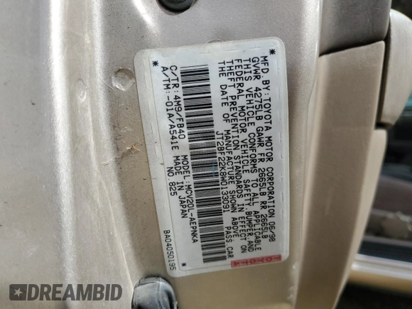 1998 Toyota Camry LE z VIN JT2BF22K8W0133091, wystawiony jako Copart lot #47691625 z przebiegiem 214 743 mil mil oraz Szkoda całkowita • Salvage title. Historia ofert i sprzedaży dostępna na DreamBid. Obrazek 12.