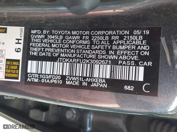 2019 Toyota Prius L Eco with VIN JTDKARFU2K3092671, listed as a IAAI auction lot 41435353 with 212,854 mi miles. Bid and sale history available at carsss.com. Image 9.