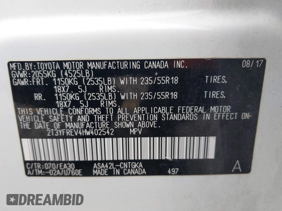 2017 Toyota RAV4 Limited with VIN 2T3YFREV4HW402542, listed as a IAAI auction lot 42153893 with 79,541 mi miles and . Bid and sale history available at DreamBid. Image 9.