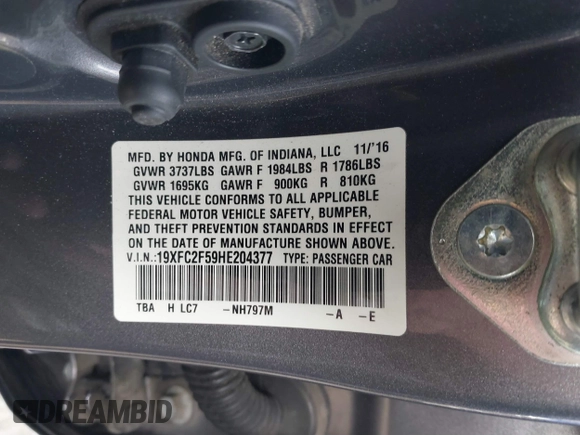 2017 Honda Civic Sedan LX with VIN 19XFC2F59HE204377, listed as a IAAI auction lot 41706604 with 160,114 mi miles. Bid and sale history available at carsss.com. Image 9.