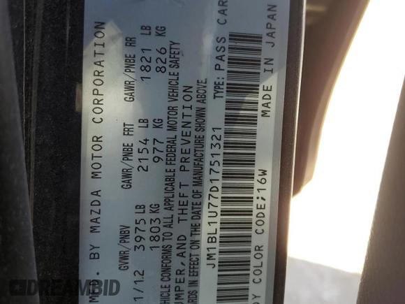 2013 Mazda 3 i Sport with VIN JM1BL1U77D1751321, listed as a Copart auction lot 47284415 with Not Provided miles and Salvage Title. Bid and sale history available at DreamBid. Image 13.