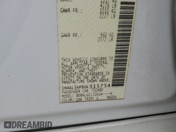 2016 Nissan Altima 2.5 S with VIN 1N4AL3AP8GN315754, listed as a Copart auction lot 52511695 with 212,855 mi miles and Salvage Title. Bid and sale history available at carsss.com. Image 12.