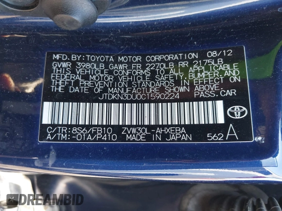2012 Toyota Prius One with VIN JTDKN3DU0C1590224, listed as a IAAI auction lot 42034659 with Not Provided miles. Bid and sale history available at carsss.com. Image 9.