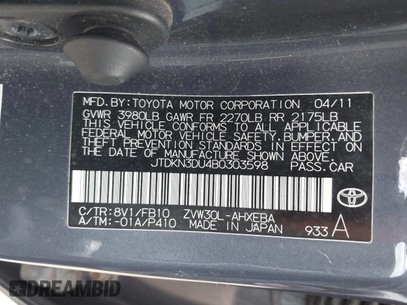2011 Toyota Prius I z VIN JTDKN3DU4B0303598, wystawiony jako IAAI lot #42267391 z przebiegiem Nie podano mil oraz . Historia ofert i sprzedaży dostępna na DreamBid. Obrazek 9.