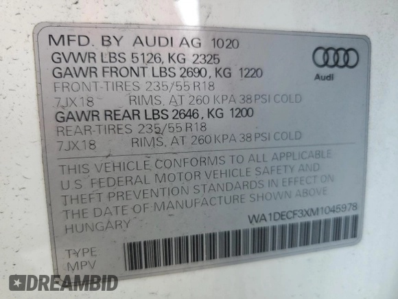2021 Audi Q3 S line Premium with VIN WA1DECF3XM1045978, listed as a Copart auction lot 59963385 with 43,074 mi miles and Salvage title. Bid and sale history available at DreamBid. Image 13.