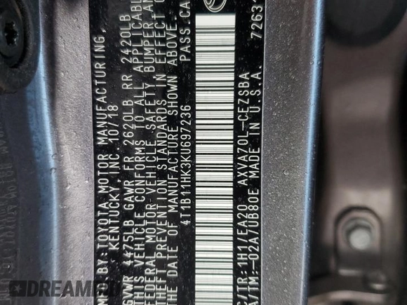 2019 Toyota Camry LE with VIN 4T1B11HK3KU697236, listed as a Copart auction lot 45113175 with 88,089 mi miles and Non Repairable. Bid and sale history available at carsss.com. Image 13.