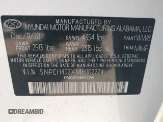 2021 Hyundai Sonata Limited z VIN 5NPEH4J2XMH102274, wystawiony jako IAAI lot #41423483 z przebiegiem 78 738 mil mil oraz . Historia ofert i sprzedaży dostępna na DreamBid. Obrazek 9.