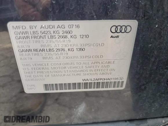 2017 Audi Q5 Premium Plus with VIN WA1L2AFP0HA019570, listed as a Copart auction lot 59339235 with 104,091 mi miles and Clean title. Bid and sale history available at DreamBid. Image 13.