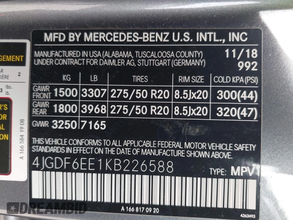 2019 Mercedes-Benz GLS 450 with VIN 4JGDF6EE1KB226588, listed as a IAAI auction lot 42310009 with 116,124 mi miles and . Bid and sale history available at DreamBid. Image 9.