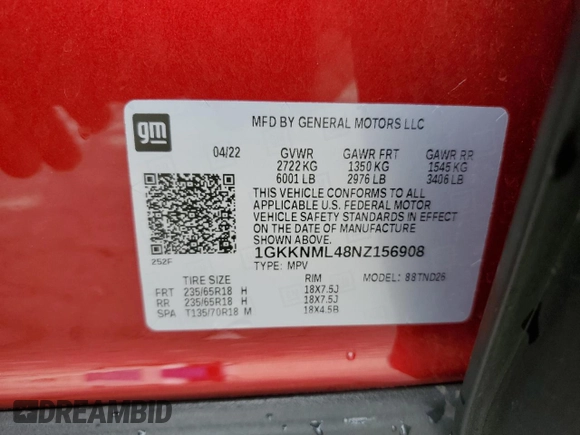 2022 GMC Acadia SLT with VIN 1GKKNML48NZ156908, listed as a Copart auction lot 78457104 with 41,538 mi miles and Salvage title. Bid and sale history available at DreamBid. Image 14.