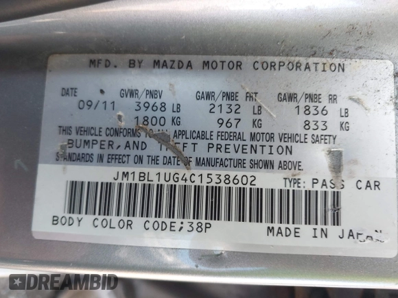 2012 Mazda 3 i Sport with VIN JM1BL1UG4C1538602, listed as a IAAI auction lot 42135873 with 140,666 mi miles and . Bid and sale history available at DreamBid. Image 9.