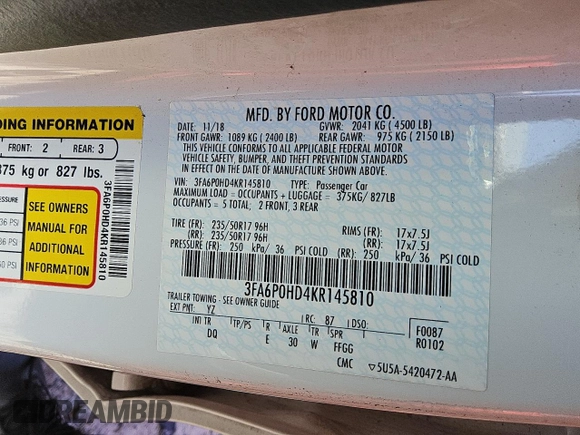 2019 Ford Fusion SE with VIN 3FA6P0HD4KR145810, listed as a Copart auction lot 45312765 with 137,414 mi miles and Clean Title. Bid and sale history available at DreamBid. Image 12.