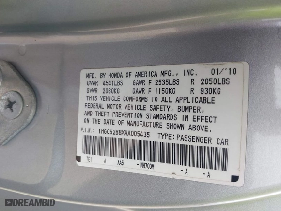 2010 Honda Accord Cpe EX-L with VIN 1HGCS2B8XAA005435, listed as a IAAI auction lot 42091277 with 241,735 mi miles. Bid and sale history available at carsss.com. Image 9.