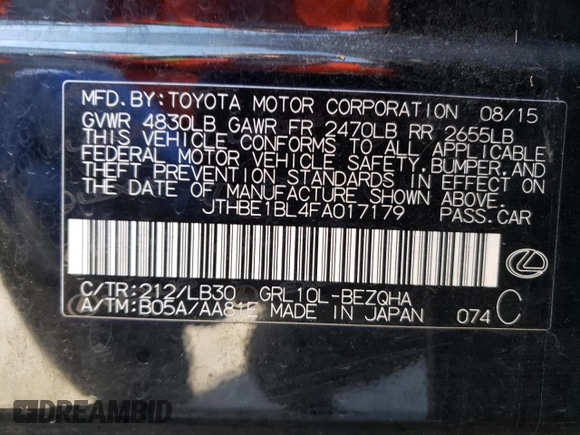 2015 Lexus GS 350 with VIN JTHBE1BL4FA017179, listed as a Copart auction lot 37812373 with 76,610 mi miles. Bid and sale history available at carsss.com. Image 12.
