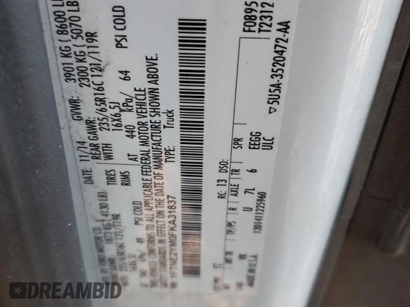 2015 Ford Transit with VIN 1FTNE2YM0FKA31837, listed as a Copart auction lot 87215754 with 130,289 mi miles and Salvage Title. Bid and sale history available at DreamBid. Image 12.