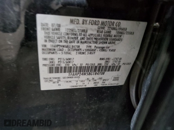 2008 Ford Taurus SEL with VIN 1FAHP24W58G184708, listed as a Copart auction lot 82243484 with 160,490 mi miles and Clean Title. Bid and sale history available at carsss.com. Image 12.