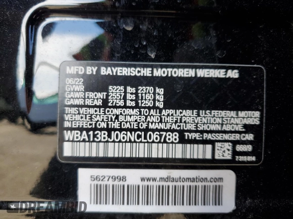 2022 BMW 5 Series 530i xDrive with VIN WBA13BJ06NCL06788, listed as a Copart auction lot 46544835 with 37,828 mi miles and Salvage Title. Bid and sale history available at carsss.com. Image 12.