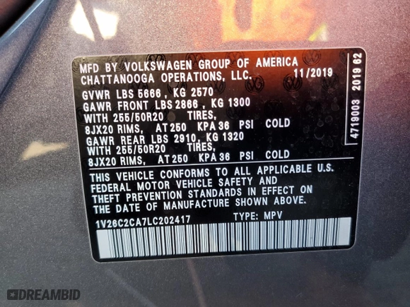 2020 Volkswagen Atlas Cross Sport 2.0T SE w/Technology with VIN 1V26C2CA7LC202417, listed as a Copart auction lot 72385603 with 20,442 mi miles. Bid and sale history available at carsss.com. Image 12.