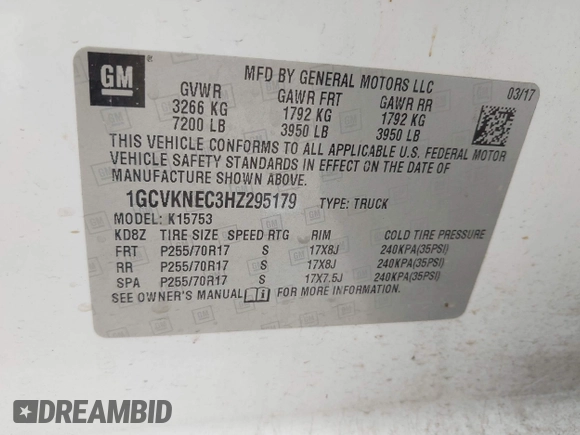 2017 Chevrolet Silverado 1500 Work Truck with VIN 1GCVKNEC3HZ295179, listed as a IAAI auction lot 41590526 with 156,227 mi miles. Bid and sale history available at carsss.com. Image 9.
