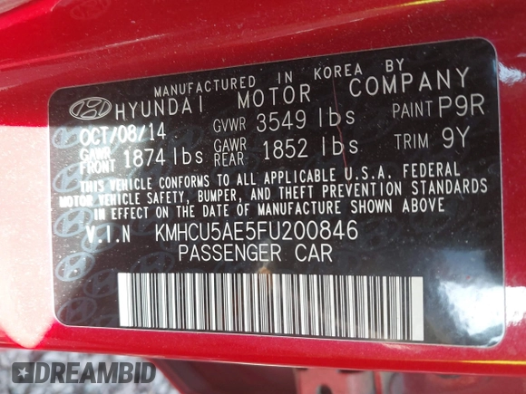 2015 Hyundai Accent Sport with VIN KMHCU5AE5FU200846, listed as a IAAI auction lot 41758805 with 84,987 mi miles. Bid and sale history available at carsss.com. Image 9.