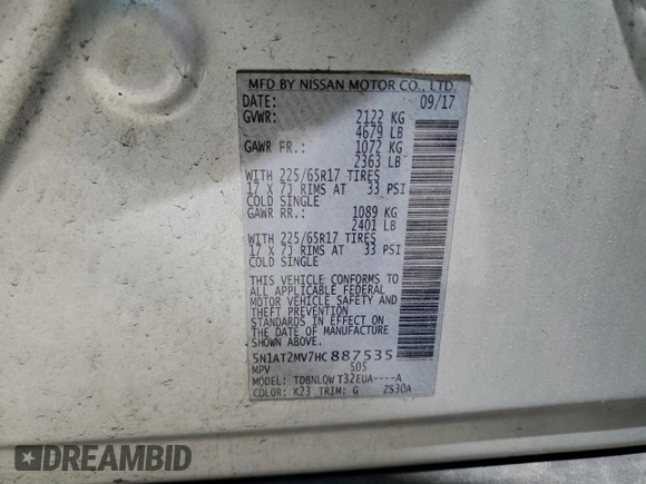 2017 Nissan Rogue SL with VIN 5N1AT2MV7HC887535, listed as a Copart auction lot 59861785 with 70,063 mi miles and Salvage title. Bid and sale history available at DreamBid. Image 13.