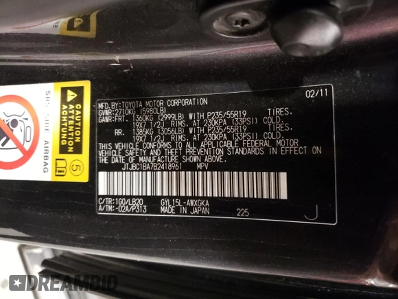 2011 Lexus RX 450h with VIN JTJBC1BA7B2418961, listed as a Copart auction lot 53320645 with 201,321 mi miles and Salvage Title. Bid and sale history available at DreamBid. Image 14.