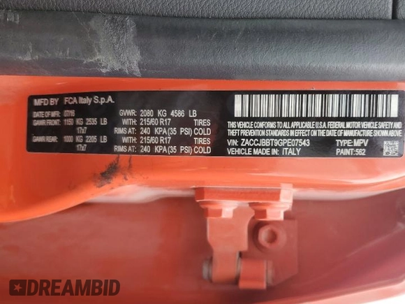 2016 Jeep Renegade Latitude with VIN ZACCJBBT9GPE07543, listed as a Copart auction lot 53434035 with 154,224 mi miles and Clean Title. Bid and sale history available at DreamBid. Image 14.