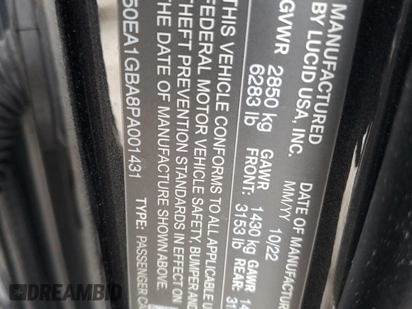 2023 Lucid Air Grand Touring z VIN 50EA1GBA8PA001431, wystawiony jako Copart lot #75683014 z przebiegiem 12 117 mil mil oraz Szkody całkowita. Historia ofert i sprzedaży dostępna na DreamBid. Obrazek 12.