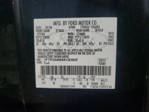 2006 Ford F-150 XLT с VIN 1FTPX04566KC83825, выставлен на аукционе Copart как лот 61541365 с пробегом 141 597 миль миль и Чистый • Clean title. История ставок и продаж доступна на DreamBid. Изображение 12.