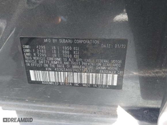 2022 Subaru Impreza with VIN 4S3GTAB63N3717933, listed as a IAAI auction lot 41701715 with 26,473 mi miles. Bid and sale history available at carsss.com. Image 9.