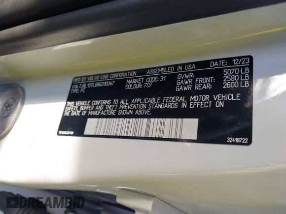 2024 Volvo S60 Plus Dark Theme z VIN 7JRL12TL6RG310347, wystawiony jako IAAI lot #40331210 z przebiegiem 1 259 mil mil oraz . Historia ofert i sprzedaży dostępna na DreamBid. Obrazek 9.