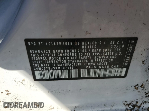 2019 Volkswagen Jetta S with VIN 3VWC57BU3KM007139, listed as a Copart auction lot 61369925 with 60,353 mi miles and Salvage title. Bid and sale history available at DreamBid. Image 12.