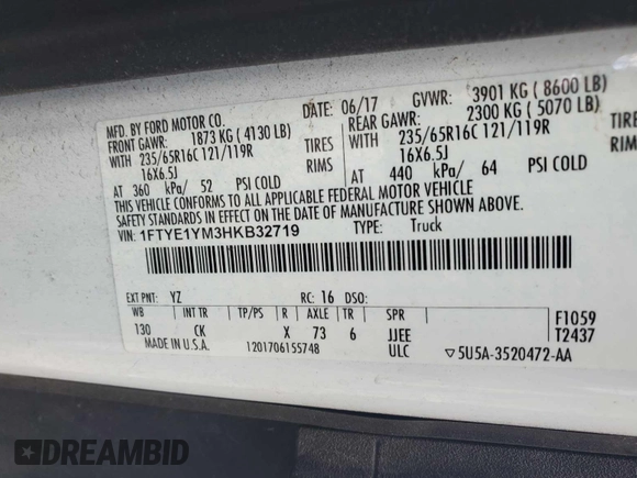 2017 Ford Transit с VIN 1FTYE1YM3HKB32719, выставлен на аукционе IAAI как лот 42715760 с пробегом 164 364 миль миль и . История ставок и продаж доступна на DreamBid. Изображение 18.