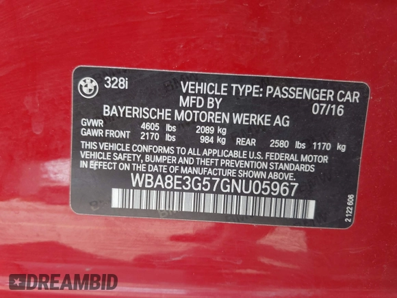 2016 BMW 3 Series 328i xDrive with VIN WBA8E3G57GNU05967, listed as a IAAI auction lot 42242987 with 72,957 mi miles and . Bid and sale history available at DreamBid. Image 9.