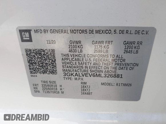 2021 GMC Terrain SLT with VIN 3GKALVEV6ML326881, listed as a IAAI auction lot 40663653 with 28,431 mi miles and . Bid and sale history available at DreamBid. Image 9.