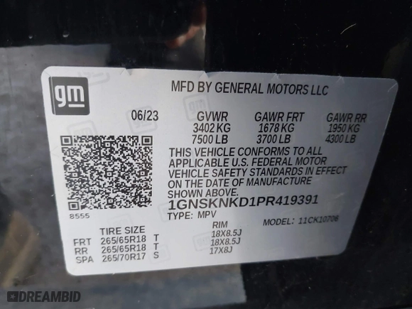 2023 Chevrolet Tahoe LT with VIN 1GNSKNKD1PR419391, listed as a IAAI auction lot 41503884 with 42,444 mi miles. Bid and sale history available at carsss.com. Image 9.