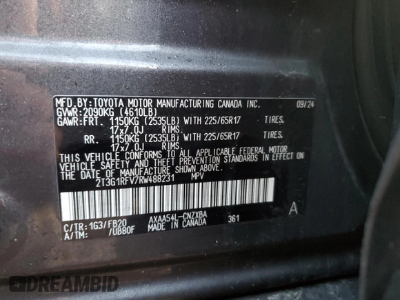 2024 Toyota RAV4 LE with VIN 2T3G1RFV7RW488231, listed as a Copart auction lot 48405055 with 10,833 mi miles and Salvage Title. Bid and sale history available at carsss.com. Image 12.