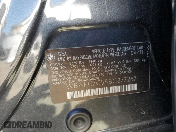 2011 BMW 5 Series 535i xDrive with VIN WBAFU7C55BC877287, listed as a Copart auction lot 76370224 with 165,669 mi miles and Salvage Title. Bid and sale history available at carsss.com. Image 12.