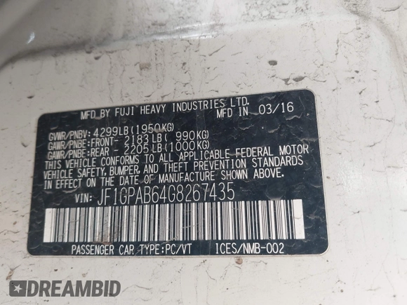 2016 Subaru Impreza Premium с VIN JF1GPAB64G8267435, выставлен на аукционе IAAI как лот 41962241 с пробегом 95 000 миль миль и . История ставок и продаж доступна на DreamBid. Изображение 9.