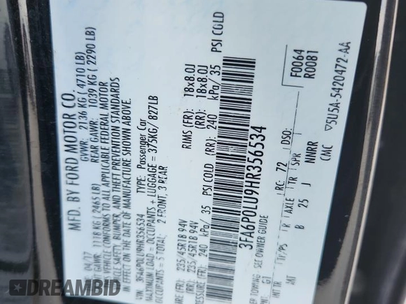 2017 Ford Fusion Hybrid SE with VIN 3FA6P0LU9HR356534, listed as a Copart auction lot 63660315 with 121,195 mi miles and Clean title. Bid and sale history available at DreamBid. Image 12.