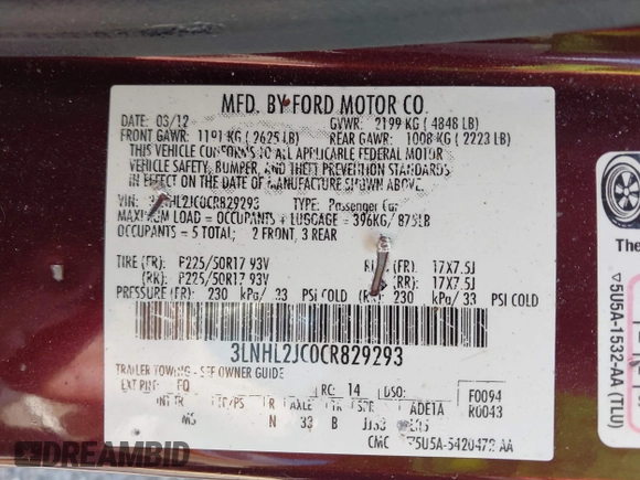 2012 Lincoln MKZ with VIN 3LNHL2JC0CR829293, listed as a IAAI auction lot 42826376 with 189,428 mi miles and . Bid and sale history available at DreamBid. Image 9.
