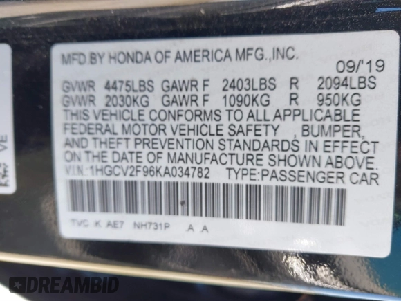 2019 Honda Accord Touring z VIN 1HGCV2F96KA034782, wystawiony jako IAAI lot #41851888 z przebiegiem 99 344 mil mil oraz . Historia ofert i sprzedaży dostępna na DreamBid. Obrazek 9.