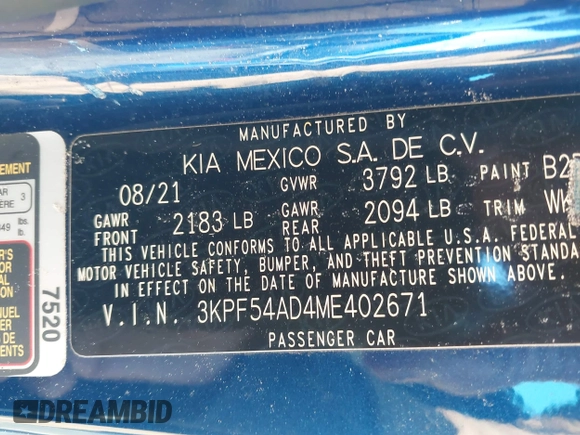 2021 Kia Forte EX with VIN 3KPF54AD4ME402671, listed as a IAAI auction lot 41588190 with 47,894 mi miles and . Bid and sale history available at DreamBid. Image 9.