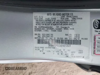 2010 Ford Fusion SE with VIN 3FAHP0HA5AR405869, listed as a IAAI auction lot 42135556 with 189,712 mi miles and . Bid and sale history available at carsss.com. Image 9.