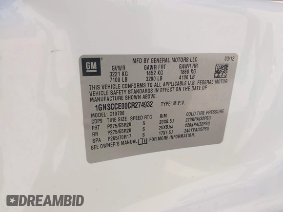 2012 Chevrolet Tahoe LTZ с VIN 1GNSCCE00CR274932, выставлен на аукционе IAAI как лот 41748535 с пробегом 180 838 миль миль и . История ставок и продаж доступна на DreamBid. Изображение 9.