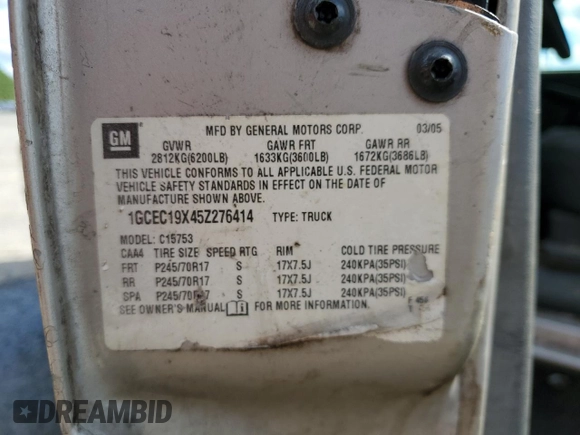 2005 Chevrolet Silverado 1500 Work Truck z VIN 1GCEC19X45Z276414, wystawiony jako Copart lot #59191075 z przebiegiem 196 973 mil mil oraz Szkoda całkowita • Salvage title. Historia ofert i sprzedaży dostępna na DreamBid. Obrazek 12.
