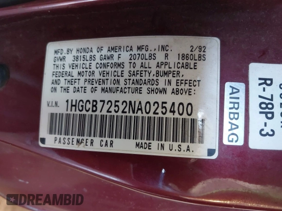 1992 Honda Accord z VIN 1HGCB7252NA025400, wystawiony jako IAAI lot #42438708 z przebiegiem 306 637 mil mil oraz . Historia ofert i sprzedaży dostępna na DreamBid. Obrazek 9.