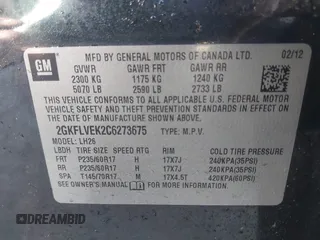 2012 GMC Terrain SLT-1 with VIN 2GKFLVEK2C6273675, listed as a IAAI auction lot 41350158 with 204,082 mi miles. Bid and sale history available at carsss.com. Image 9.