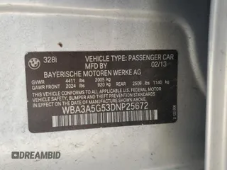 2013 BMW 3 Series 328i with VIN WBA3A5G53DNP25672, listed as a Copart auction lot 47184475 with 129,134 mi miles and Salvage Title. Bid and sale history available at carsss.com. Image 12.